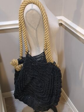 Free People Anju Amalfi Black Crochet Rope-Handle Tote Bag